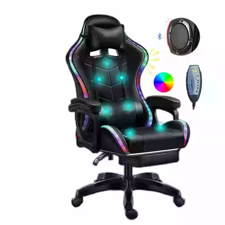 Comfortable racing RGB LED lighting gaming chair with massage,recline and footrest and Bluetooth speakers {Black and White}